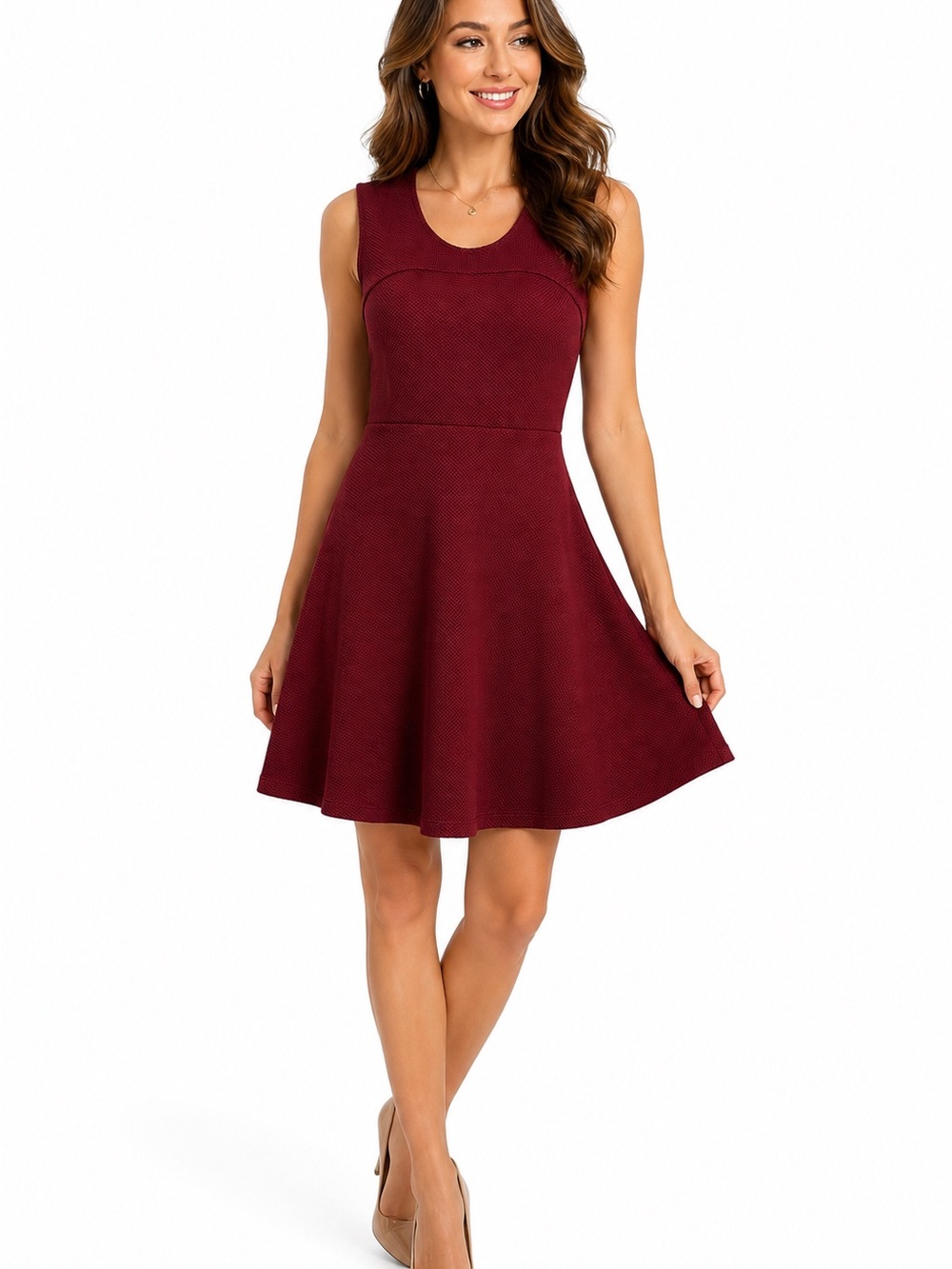 Merona Burgundy Textured Classic Fit & Flare Sleeveless Dress Knee Length SzXL